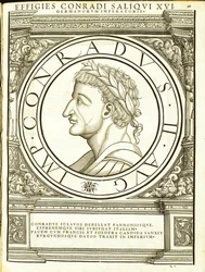 Conradus II Saliquus, Illustration aus Imperatorum romanorum omnium orientalium et occidentalium verissimae imagines ex antiquis numismatis, Holzschnitt von Rudolph Wyssenbach, gedruckt von Andreas Gesner